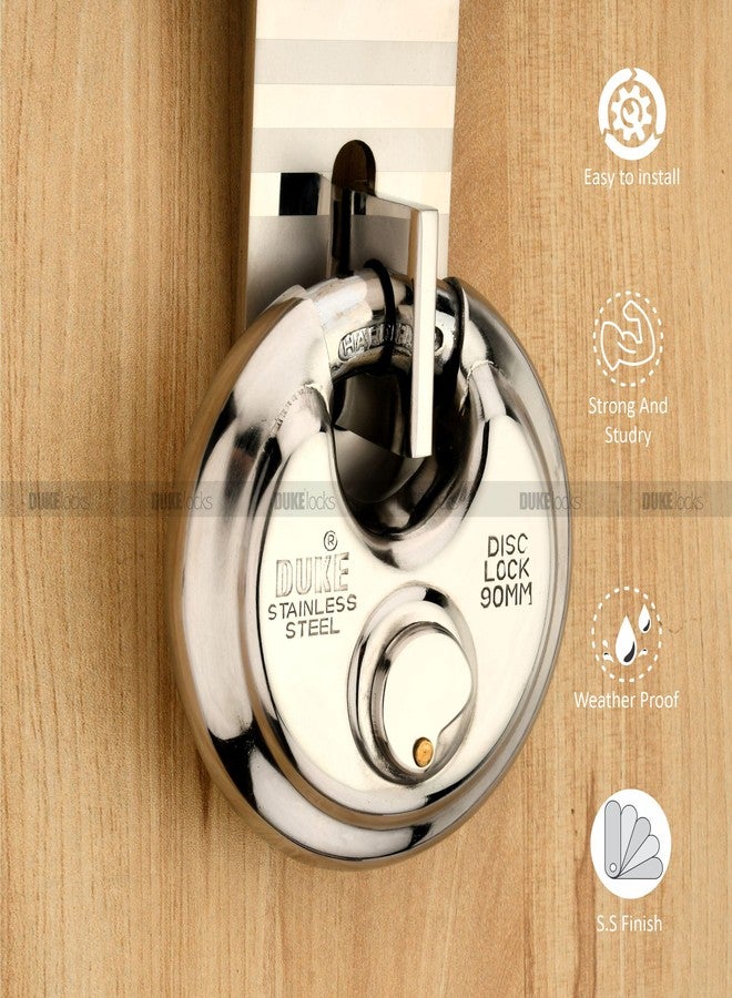 DUKE Disc Lock Ultra 90mm Big Size Full Stainless Steel (SS 304 Grade) Body 3 Brass Ultra Dimple Computerized Keys Hardened Shackle Round Shutter Lock - Image 2